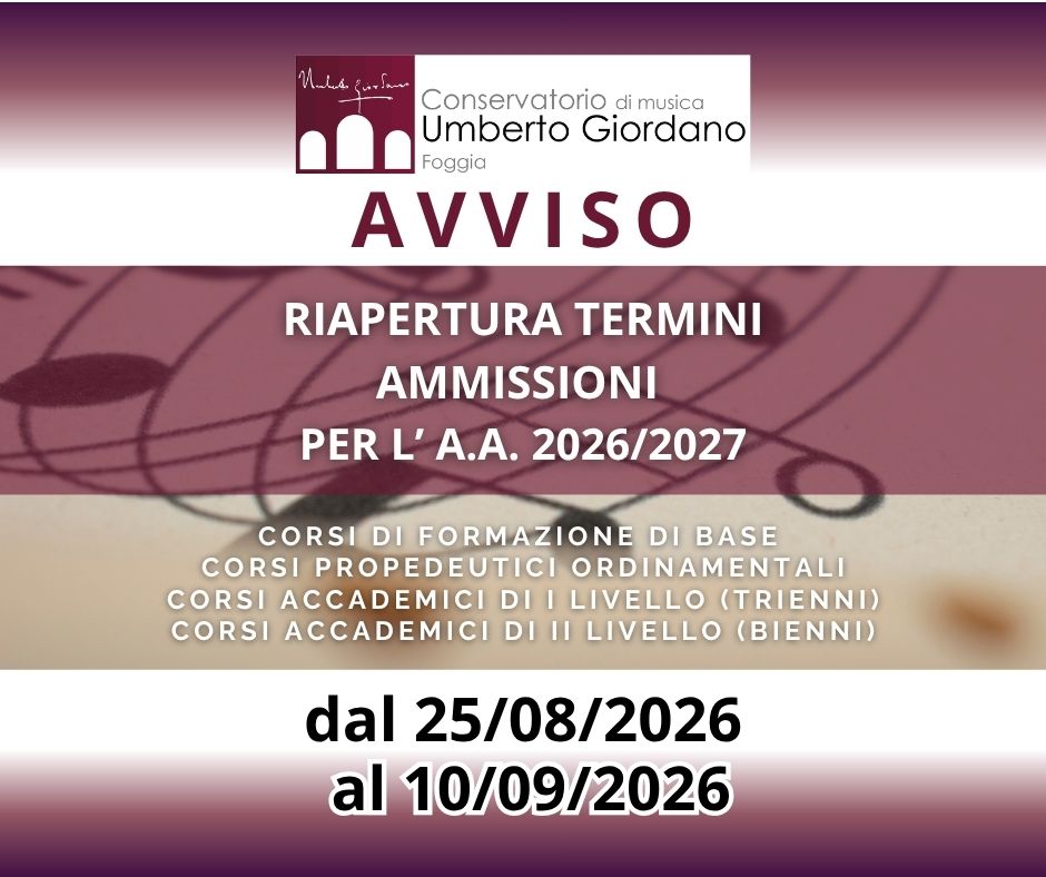 RIAPERTURA TERMINI AMMISSIONI PER L’ A.A. 20262027